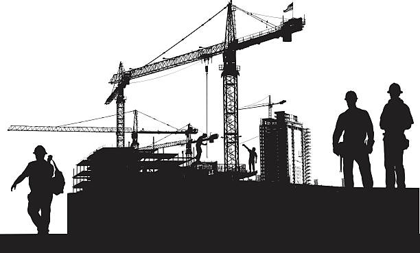 Large Scale Construction Work A vector silhouette illustration of a city construction site with crane over top of budding sky scrapers. A construction workers pose wearing a hard hat and tool belt in the foreground. building silhouette stock illustrations
