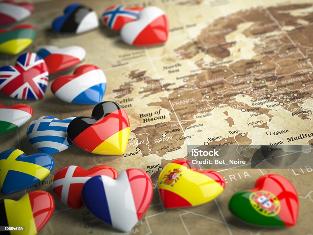 Map of Europe and hearts with flags european countries. Map of Europe and hearts with flags of european countries. Travel EU concept. 3d Country - Geographic Area Stock Photo