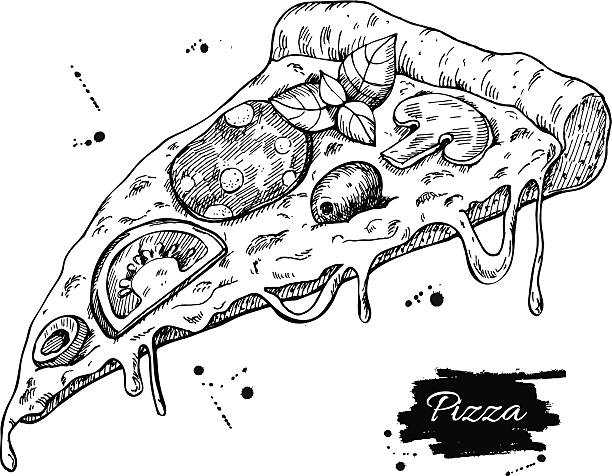 ilustrações, clipart, desenhos animados e ícones de fatia de pizza em vetor desenho. desenhado à mão pizza ilustração. - pizza pepperoni vector ingredient