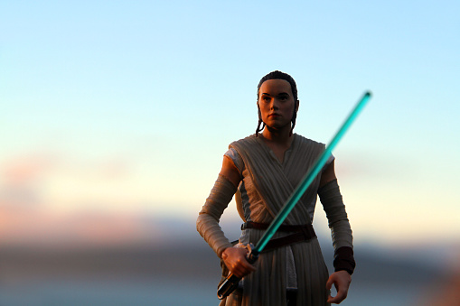 Vancouver, Canada - January 23, 2016: An action figure of Rey from the Star Wars Film Franchise. The toy is part of the Black Series, from Hasbro.
