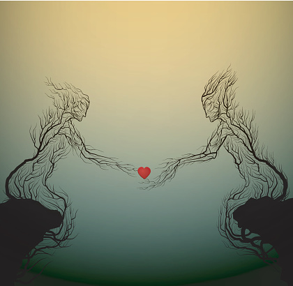 two tree silhouettes like a man and woman holding red heart and growing on the opposite rock, Valentine`s day plant decoration, love forever, people like plant, vector