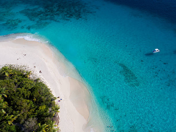 aerial view of Sandy Cay, British Virgin Islands aerial view of a tropical beach on a deserted island, Sandy Cay, British Virgin Islands cay stock pictures, royalty-free photos & images