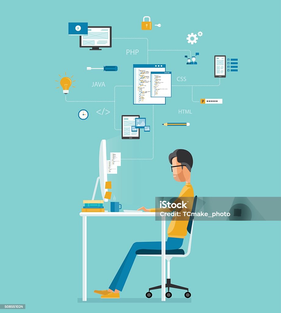 Worker Developer Vector Developer Working On Workplace Develop For Website And ...