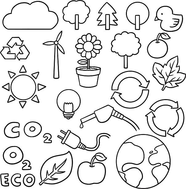 vektor-satz von ökologie und recycling-symbol - art electric plug cartoon drawing stock-grafiken, -clipart, -cartoons und -symbole