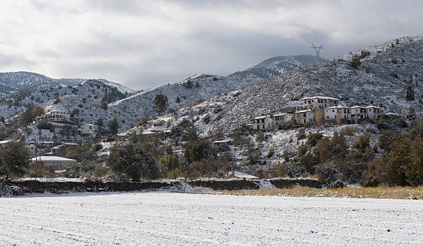 Winter mountain landscape with snow at Troodos Mountain range in Cyprus.