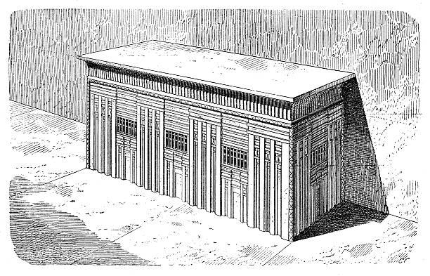 Antique illustration of sarcophagus of Menkaure pyramid Antique illustration of sarcophagus of Menkaure pyramid, on the Giza Plateau in Egypt. The basalt sarcophagus (now lost) was located deep into the pyramid, in one of the internal chambers and its front part resemble the facade of a building, richly decorated with a bold projecting corniche.  pyramid of mycerinus stock illustrations