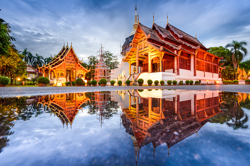 Aerial landscape view of Wat Tham Sua on a hilltop just outside of Kanchanaburi, Thailand.