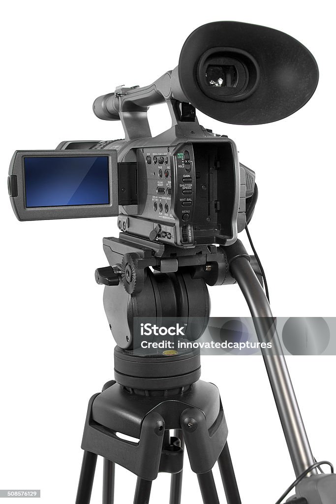 Professional Production Video Camera on White Background production camera on a tripod and isolated on white background Arts Culture and Entertainment Stock Photo