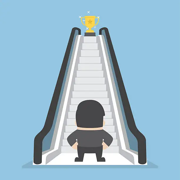 Vector illustration of Businessman standing in front of escalator that leads the trophy