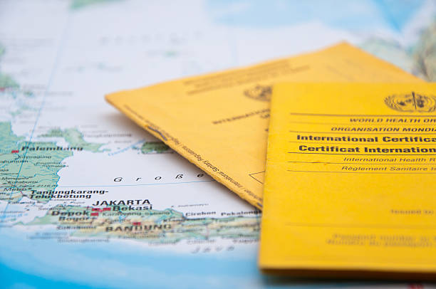 istock Close Up of Vaccination Certificate and world map. 508576750