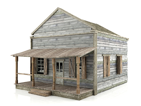 Abandoned wooden house isolated on white background, side view