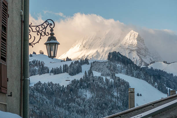 dramatic view of moleson mountain at gruyeres, switzerland in winter