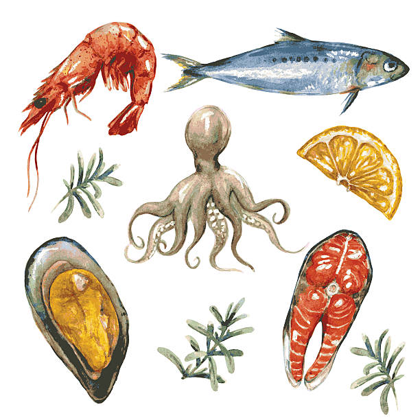 ilustraciones, imágenes clip art, dibujos animados e iconos de stock de comida de mar - prepared fish illustrations