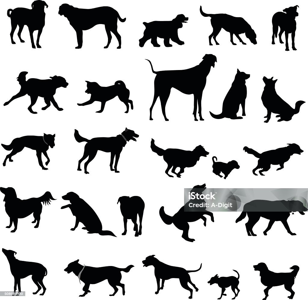 Large Collection Of Dog Silhouettes A vector silhouette illustration of several types of dog breeds in many poses including running jumping, sitting, begging, and standing. Dog stock vector