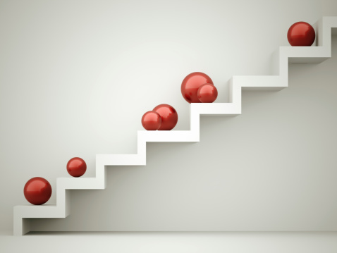 Red spheres on stairs rendered