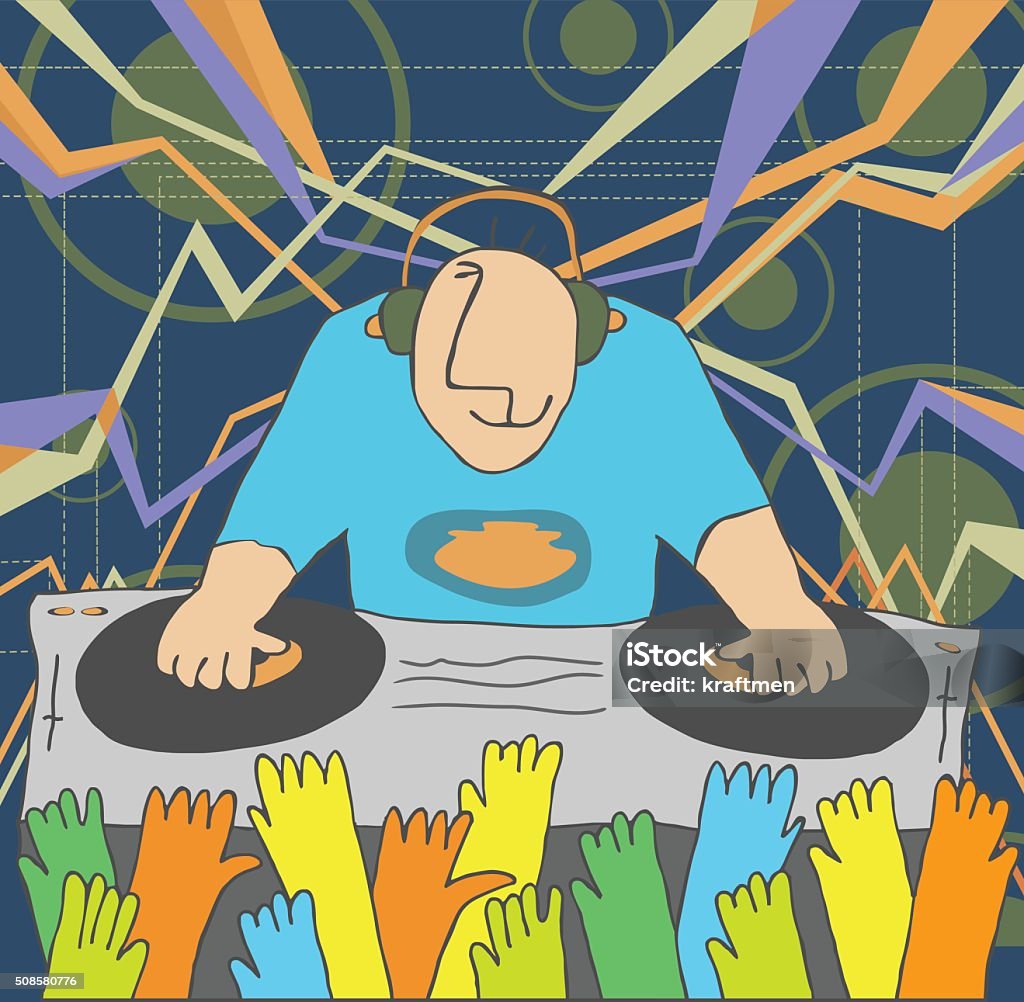 Cartoon funny DJ illustration DJ performing music and people dancing with hands up Adult stock vector