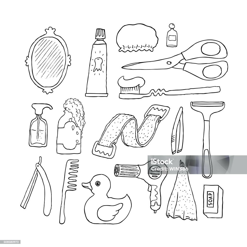 Bathroom. Cosmetics objects. Bathroom. Cosmetics objects. Doodles. Isolated. Vector. Bathtub stock vector