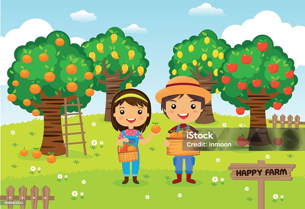 Farmers working in a farm - Cartoon vector illustration Farmers working in a farm, gardener, garden fruit, cartoon characters vector Farm stock vector