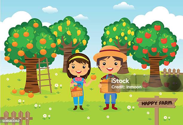 Farmers Working In A Farm Cartoon Vector Illustration Stock Illustration - Download Image Now