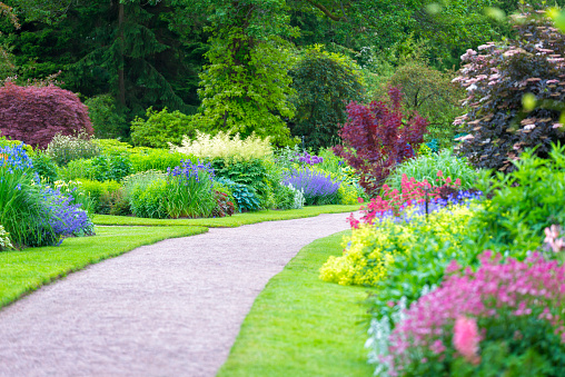 Beautiful Gothenburg garden with colorful flowerbeds.