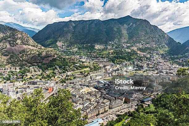 Andorra La Vella City Center Pyrenees Mountains Stock Photo - Download Image Now - Andorra, Aerial View, Bank - Financial Building