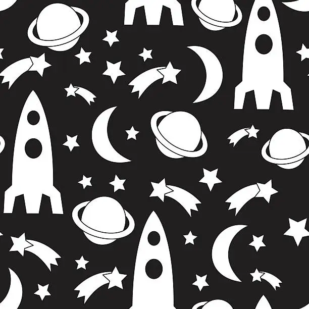 Vector illustration of Black and white seamless space pattern. Cosmic background