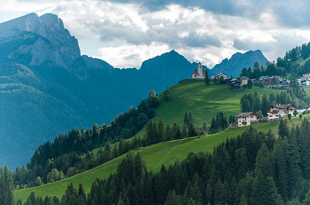 istock Typical view of Italien Dolomites with little curch. 508605175