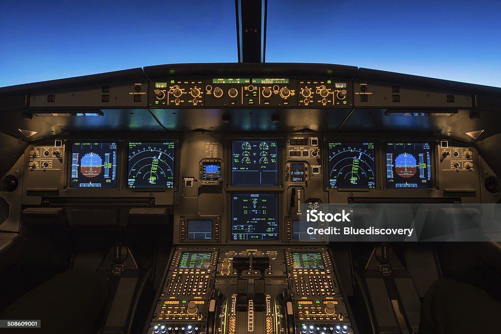 Cruising at Flight Level 360 Cockpit view of a commercial jet aircraft cruising at flight level 360. Cockpit Stock Photo