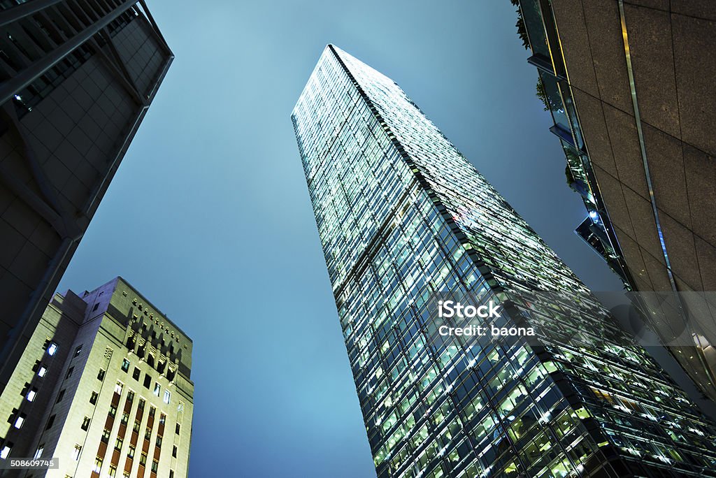 Corporate Buildings Hong Kong corporate buildings at night. Directly Below Stock Photo