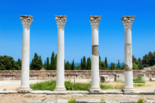 four columns in Asklepion - Archaeological  place on the island Kos in Greece, where Hippocrates worked