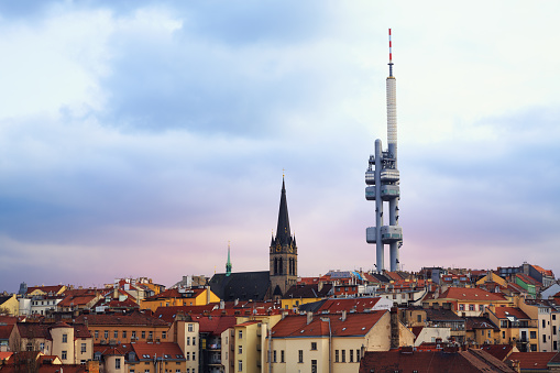 Zizkov - Prague's district with large tv tower standing high above the city skyline.