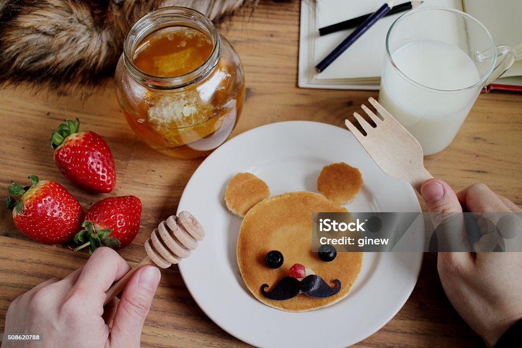 Eating cute teddy bear pancake breakfast cute food ideas Adult Stock Photo