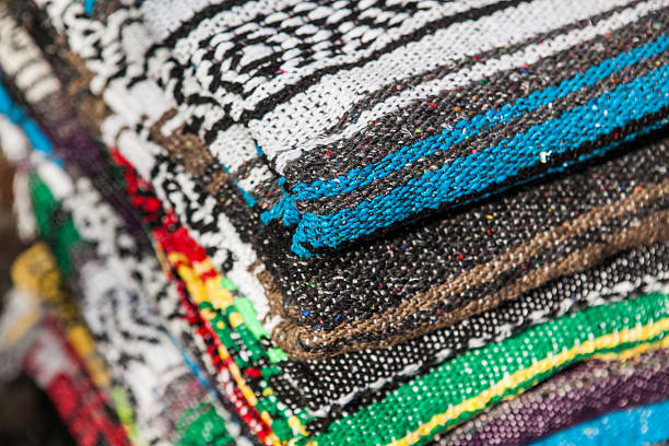 istock Colorful Mexican serapes hang in row. 508624220