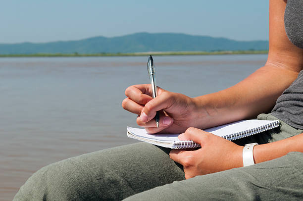 istock Young woman traveler writing in notebook 508624852