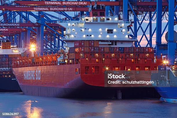 Hamburg Container Vessel Loaded And Unloaded At Terminal Stock Photo - Download Image Now