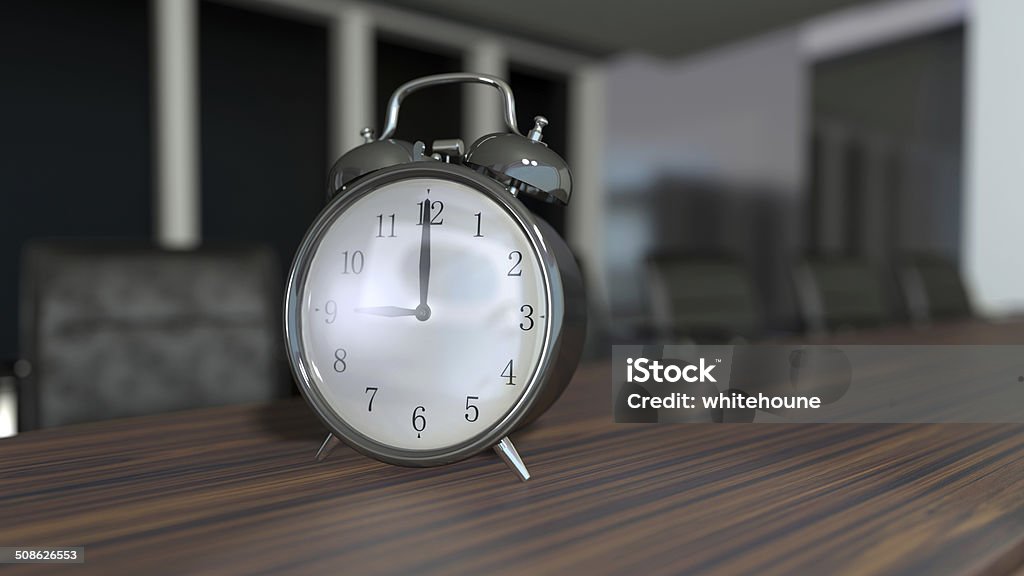 business composition business meeting room interior with alarm clocks on the tabletop Alarm Clock Stock Photo