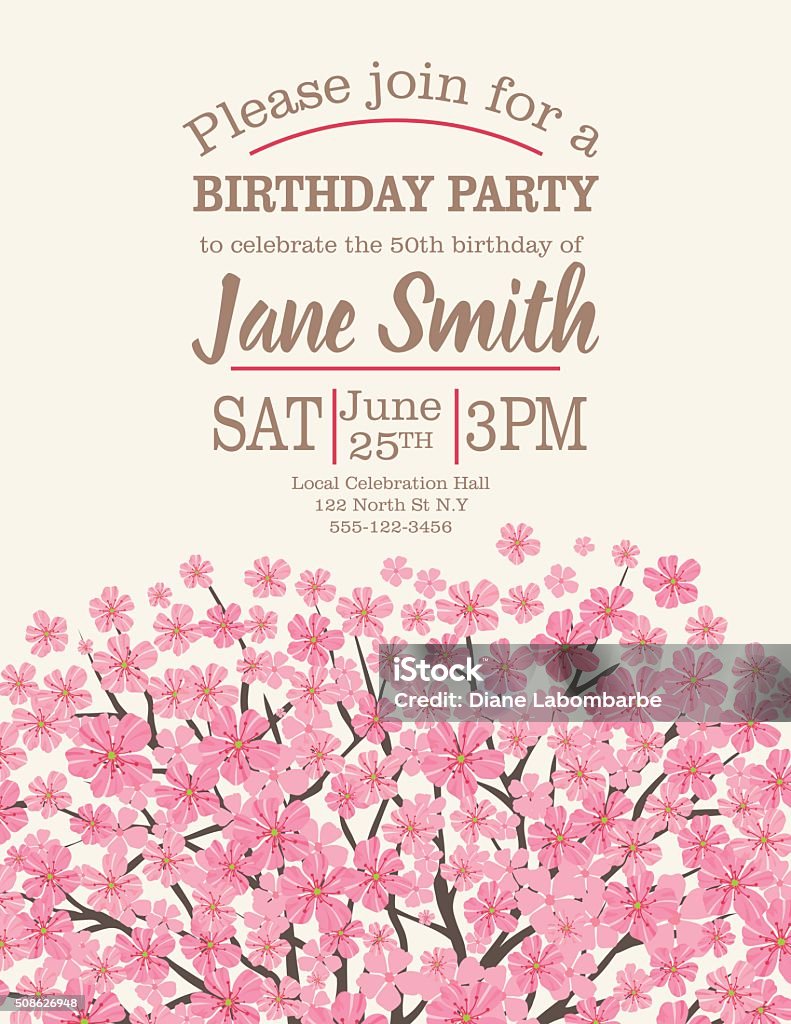 Birthday Party Template With Cherry Blossom Tree Cherry Blossom Tree Birthday Party Template. There is a cherry blossom tree below the text. There is text in the center of the card with details about the party. Cherry Tree stock vector