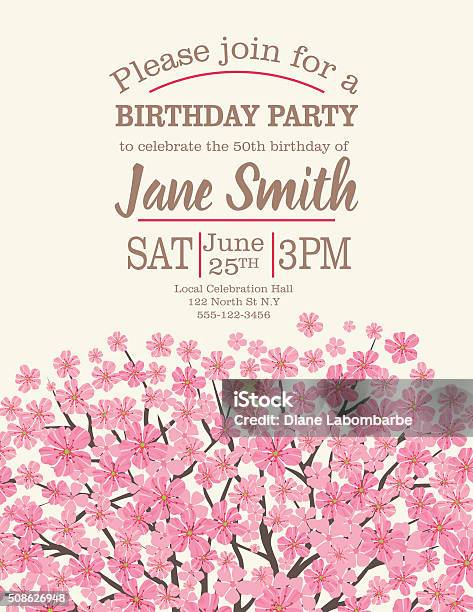 Birthday Party Template With Cherry Blossom Tree Stock Illustration - Download Image Now - Cherry Tree, Cherry Blossom, Birthday