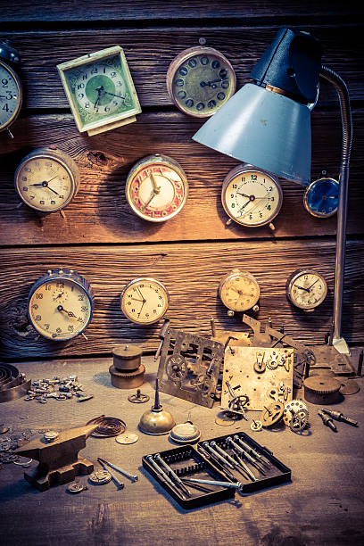 istock Old watchmaker's room with damaged clocks 508627066