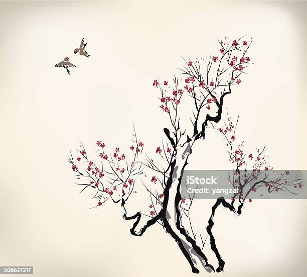 Ink Style Blossom Stock Illustration - Download Image Now - Asian Culture, Backgrounds, Beauty In Nature