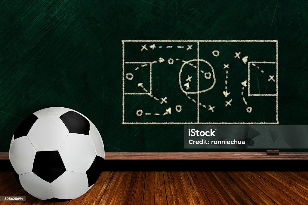 Spiel-Konzept mit Fußball Ball und Kreide Brett Spiel-Strategie - Lizenzfrei Fußball-Spielball Stock-Foto