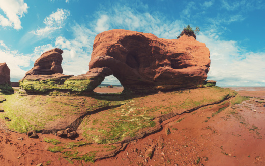 Sandstone arches formed by the extreme tidal influences of the Bay of Fundy.  Stitched images.