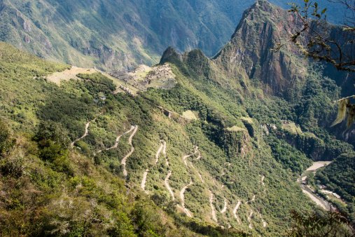 Road that goes up a mountain side to Machu Picchu, Perú