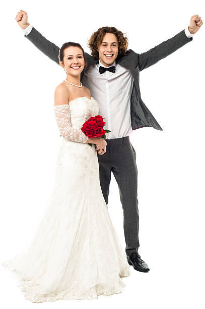 istock Joyous newlywed couple, excited guy 508629171