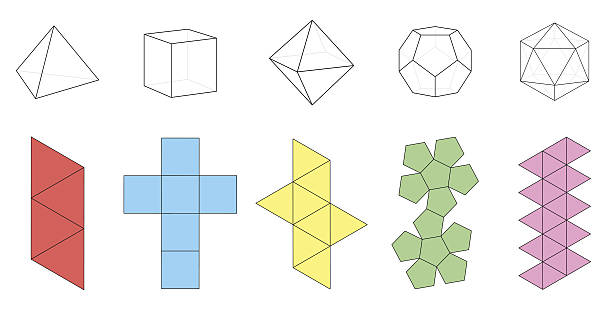 Platonic Solids Figures Nets Five platonic solids, three-dimensional figures and corresponding nets. Isolated vector illustration over white background. platonic solids stock illustrations