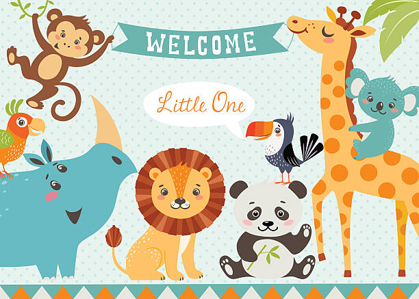 Welcome baby Baby shower design with cute jungle animals. Vector is cropped with Clipping Mask. baby shower card stock illustrations