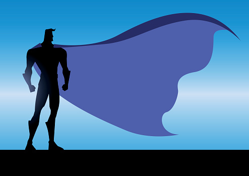 A silhouette style illustration of a superhero in the night with cape blown by the wind. Wide space available for your copy