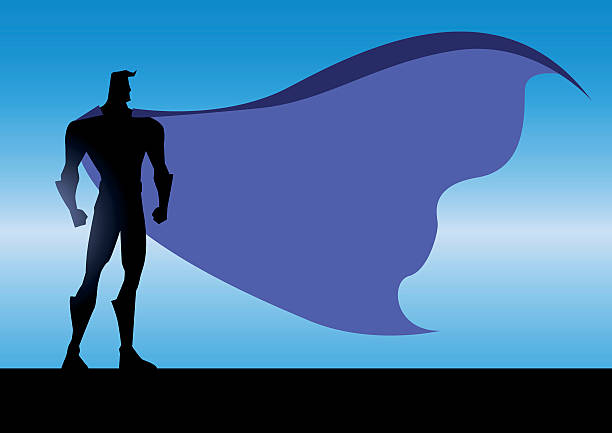 Vector  Night Superhero silhouette A silhouette style illustration of a superhero in the night with cape blown by the wind. Wide space available for your copy wind silhouettes stock illustrations