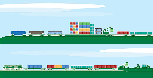 ilustraciones, imágenes clip art, dibujos animados e iconos de stock de recipiente de los vehículos de transporte y logística - shunting yard freight train cargo container railroad track