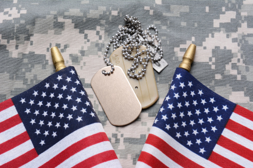 Closeup of two crossed American Flags on camouflage material with dog tags in the middle. The ID tags are blank. Horizontal format filling the frame.